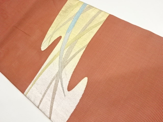 絽抽象霞に草葉模様織出し名古屋帯